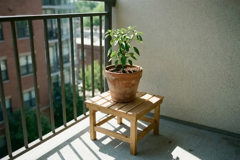 A container plant elevated on a wooden stand so its foliage catches direct sun above an opaque balcony railing.