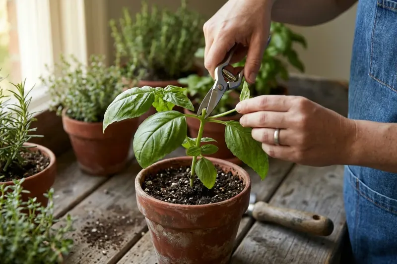 Clean pruning snips trimming an upright green herb stem 1/4 inch above a leaf node in a terracotta container.