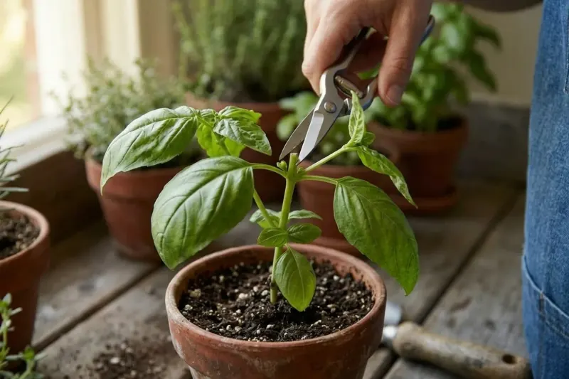 Close detail of bypass snips cutting a green herb stem just above a pair of leaf nodes.