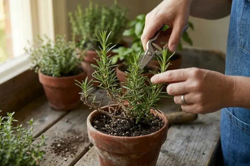 Pruning shears trimming the upper green leafy shoots of a potted rosemary plant while leaving bare lower brown wood untouched.