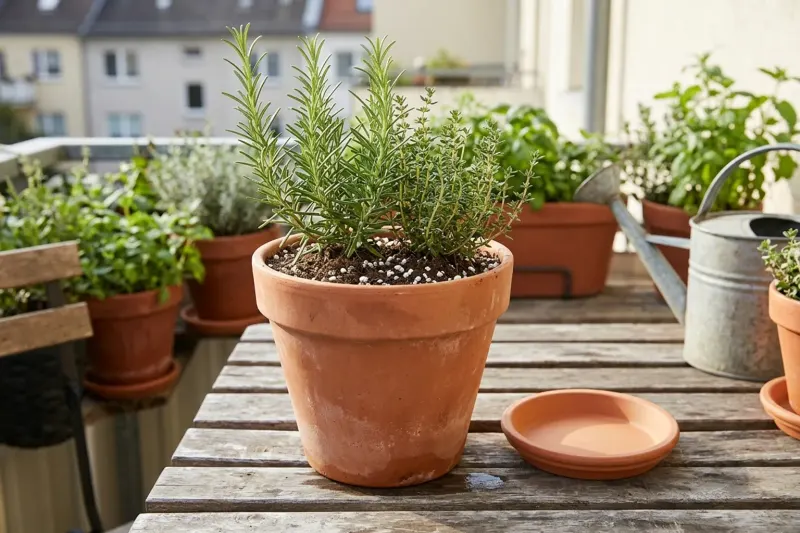 AI concept illustration showing healthy potted herbs in a terracotta planter with visible coarse soil mix and an empty saucer under morning light.