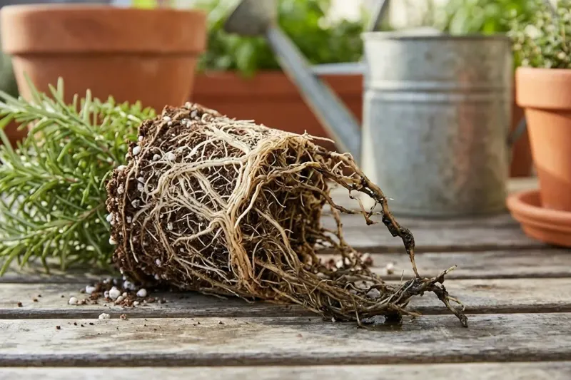AI concept illustration comparing healthy white fibrous roots with dark water-damaged roots from a container herb.