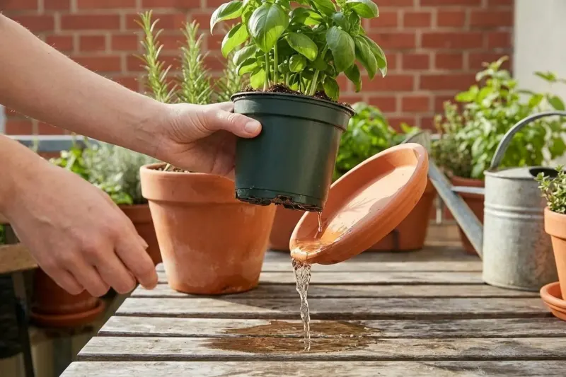AI concept illustration showing accumulated runoff water being drained from an herb planter saucer on a sunny balcony.
