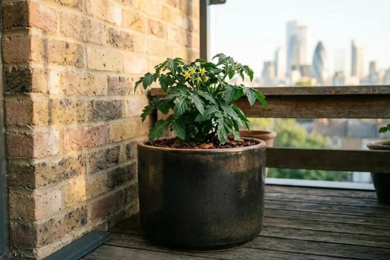 AI concept illustration showing a broad cylindrical container planted with a compact tomato plant against a balcony wall.