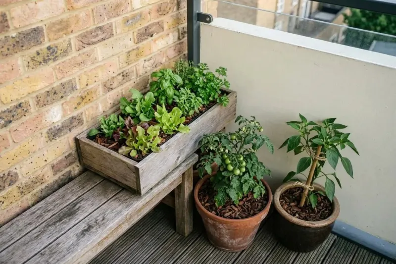 AI concept illustration showing container vegetables grouped tightly in a sheltered balcony corner.