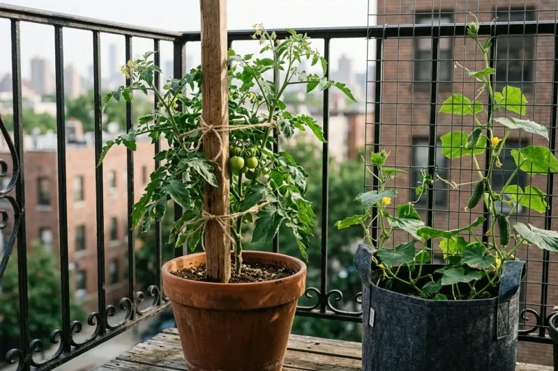 An AI concept illustration of container-grown tomatoes and cucumbers supported by vertical stakes and wire railing trellises on a sunlit balcony.