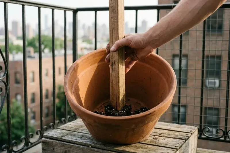 An AI concept illustration showing the pre-planting placement of a wooden stake into an empty terracotta planter.