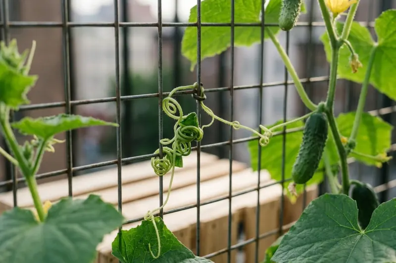 An AI concept illustration of cucumber vine tendrils naturally grasping a vertical wire trellis mesh on a balcony.