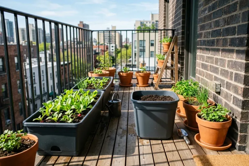 AI concept illustration of an urban balcony container garden in early spring showing potted greens and seedling containers.