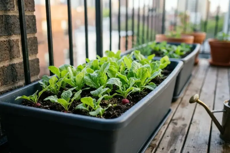 AI concept illustration showing healthy cold-hardy salad greens growing in an outdoor balcony container during early spring.