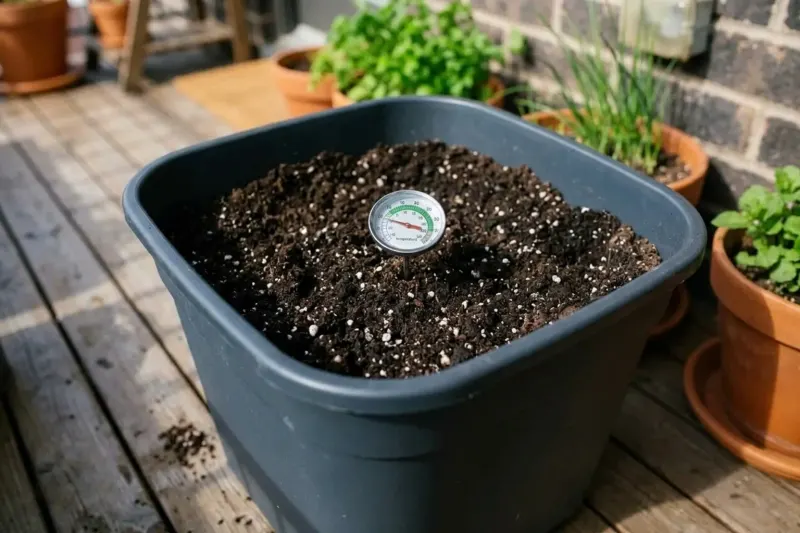 AI concept illustration showing a soil thermometer placed in a container growing medium to assess root-zone warmth.