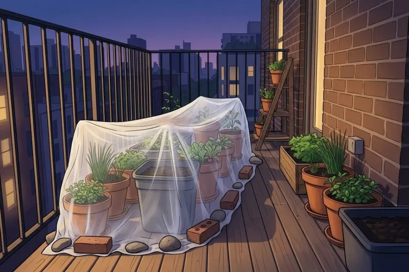 AI concept illustration of potted vegetables clustered against an exterior wall and protected by a fabric cover ahead of a freeze.