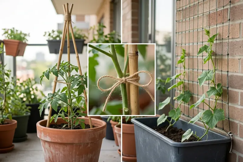 A balcony container garden displaying an indeterminate tomato on a bamboo tripod trellis and a cucumber vine trained onto vertical netting.