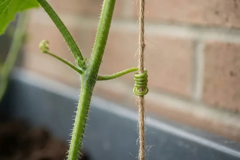 A slender green cucumber tendril wrapped tightly around vertical jute twine on a balcony trellis.