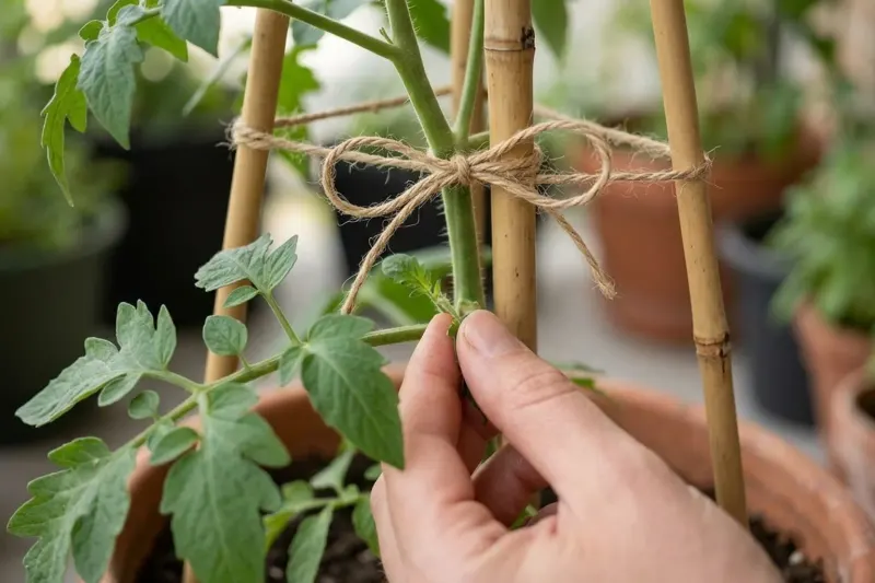 Gardener fingers gently pinching a small vegetative sucker from the leaf axil of a staked tomato vine.